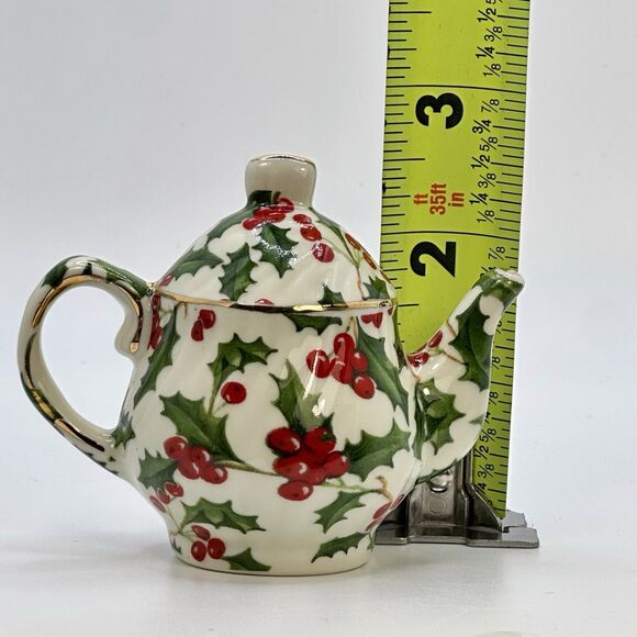 Vintage Miniature Teapot Christmas Decor Ornament Holly Pattern Gold Accents - Picture 9 of 9